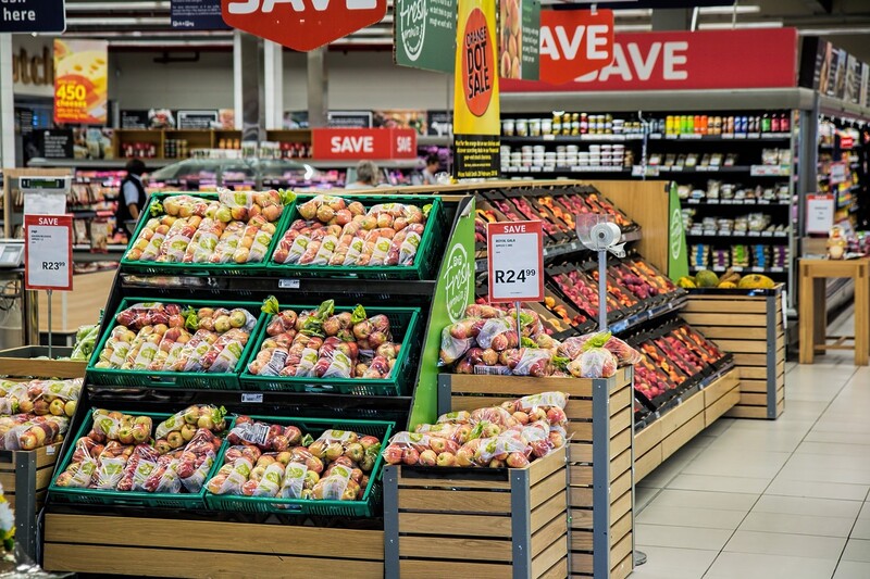 Fruits and supermarket aisles